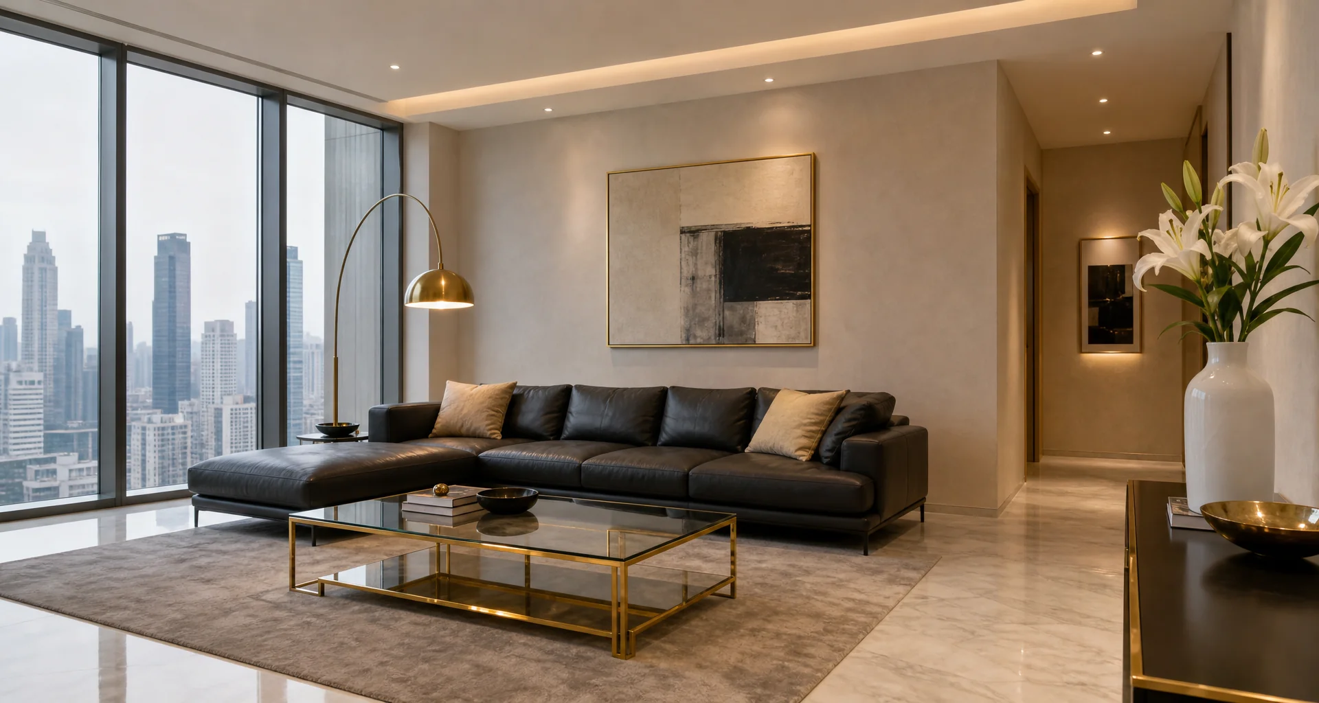 Stunning living room with floor to ceiling windows and natural light