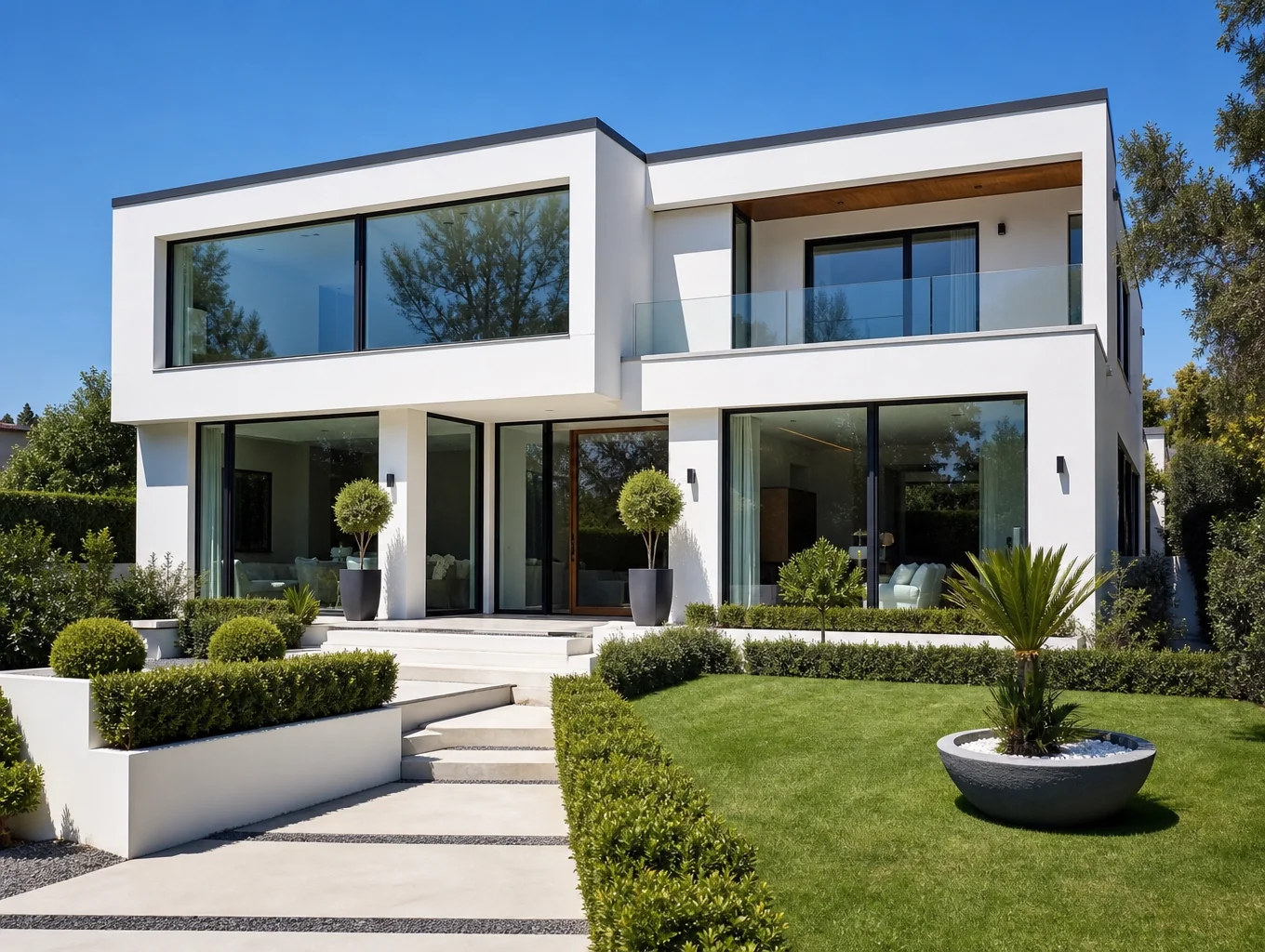 Sleek architectural residence with warm timber accents and modern landscaping