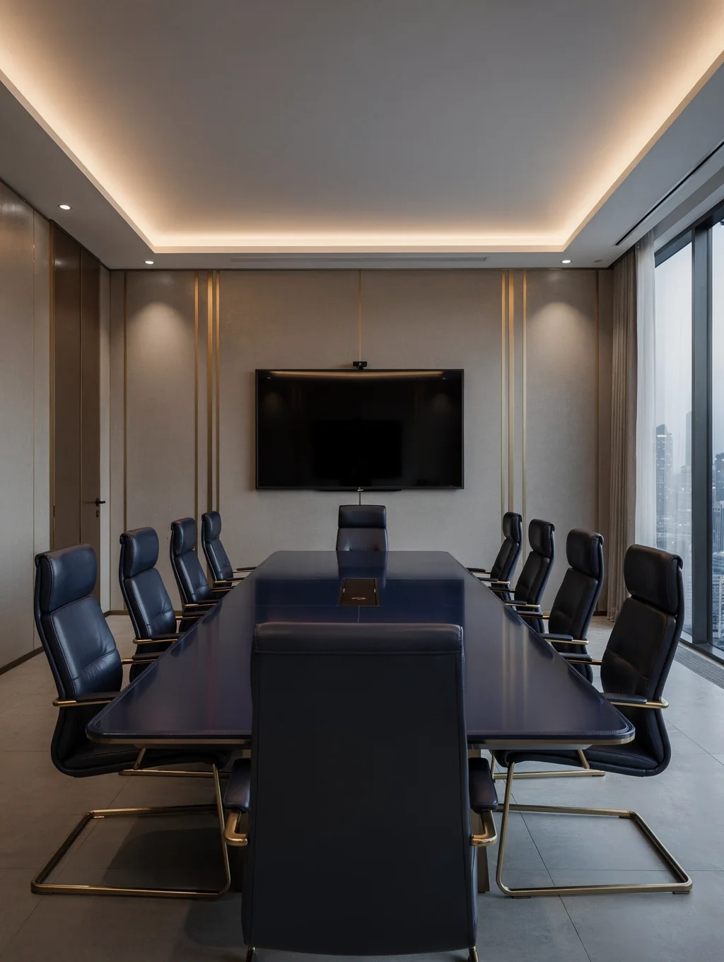 Refined executive consultation lounge with floor-to-ceiling glass