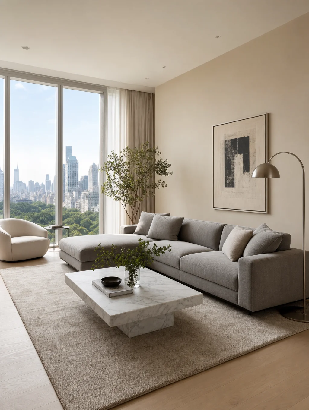 Sunlit luxury interior featuring natural timber and clean geometric lines